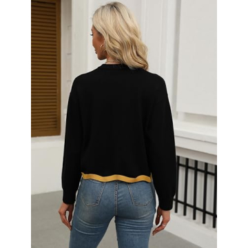 Women's Floral Printed Crewneck Sweater 2024 Fall Cropped Long Sleeve Ribbed Knit Pullover Jumper Tops Black