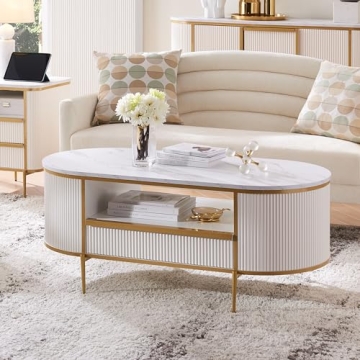OKD Modern Luxury Fluted Coffee Table - 48" Oval with Drawer and Gold Accents