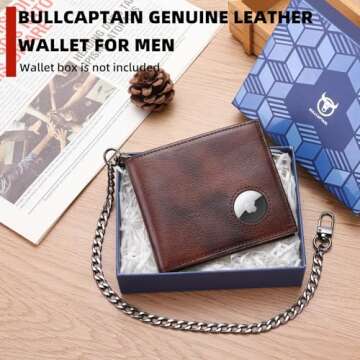 BULLCAPTAIN Slim Genuine Leather Mens Wallet with RFID Protection & Chain