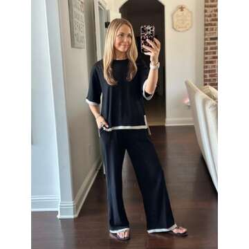 PrinStory Pajamas Set for Women Knit Lounge Sets 2 Piece Outfit Tracksuits Loungewear Wide Leg Pants Wide Leg Pants Black-2XL