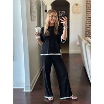 PrinStory Pajamas Set for Women Knit Lounge Sets 2 Piece Outfit Tracksuits Loungewear Wide Leg Pants Wide Leg Pants Black-2XL