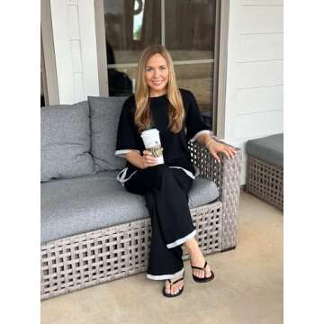 PrinStory Pajamas Set for Women Knit Lounge Sets 2 Piece Outfit Tracksuits Loungewear Wide Leg Pants Wide Leg Pants Black-2XL