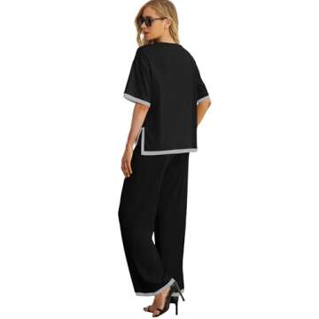PrinStory Pajamas Set for Women Knit Lounge Sets 2 Piece Outfit Tracksuits Loungewear Wide Leg Pants Wide Leg Pants Black-2XL