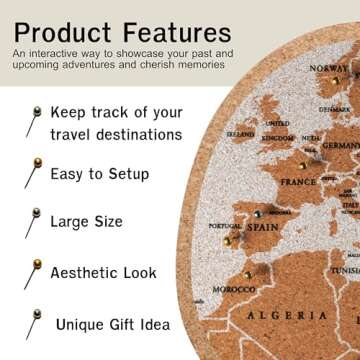 Push Pin Travel Map - Large 30" x 20" World Map Pin Board with Premium Push Pins made from Cork Boar...