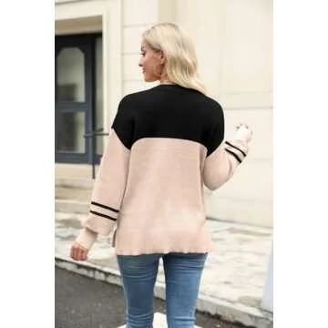 PTHENA Sweaters for Women Long Sleeve Striped Pullover Knit Trendy Tops Crewneck Winter Outfits BlackApricot S