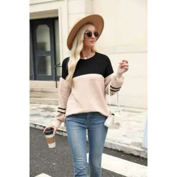 PTHENA Sweaters for Women Long Sleeve Striped Pullover Knit Trendy Tops Crewneck Winter Outfits BlackApricot S