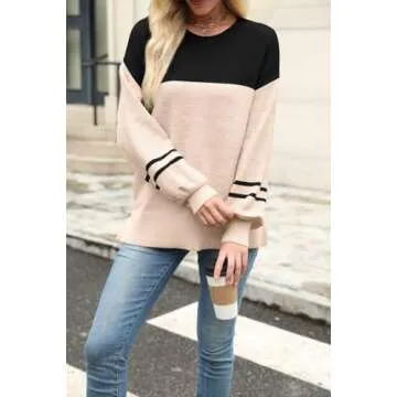 PTHENA Sweaters for Women Long Sleeve Striped Pullover Knit Trendy Tops Crewneck Winter Outfits BlackApricot S