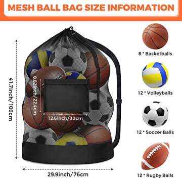 Extra Large Sports Ball Bag, Mesh Soccer Team Balls Bag, Drawstring Sport Equipment Storage Bag for Basketball, Beach Cloth and Swimming Gears with Adjustable Shoulder Strap & Front Pocket(30” x 40”)