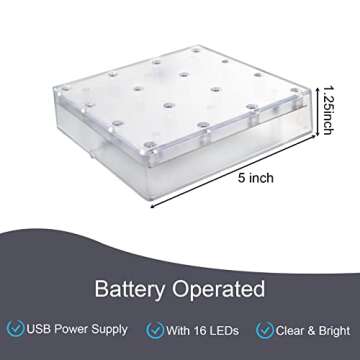 Acmee 5 inch Acrylic Square LED Vase Base Ligtht, LED Base Light with 16 LEDs for Vases Table Centerpiece Decoration, LED Base Battery Operated/USB Cable 2 Functions(White Light)