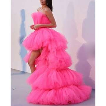 FTBY Women Tiered High Low Prom Dress Bow Sash Tulle Homecoming Pageant Dresses Hot Pink Long 16