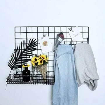 Black Metal Wire Hanging Basket, Multifunction Creative Mesh Wall Grid Holder Storage Organizer Plant Holder Shelf Flower Pots Black Coated