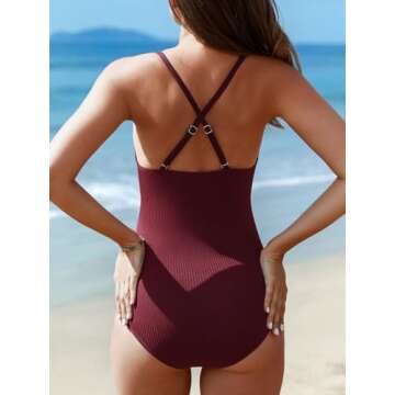 Summer Mae Maternity Swimsuit One Piece Bathing Suit Button Neck Cross Back Wine M