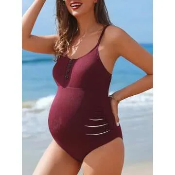 Summer Mae Maternity Swimsuit One Piece Bathing Suit Button Neck Cross Back Wine M