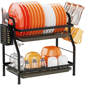 Swedecor Dish Drying Rack for Kitchen Counter, 2 Tier Rust-Resistant Dish Racks with Glass Holder an...