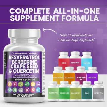 Clean Nutraceuticals Resveratrol Berberine Grape Seed Extract Quercetin Green Tea Extract Polyphenol Supplement for Women & Men w/N-Acetyl Cysteine, Acai Extract - 1Pack