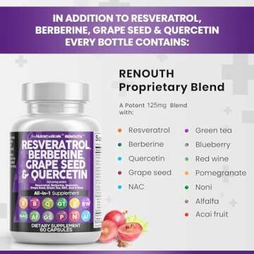Clean Nutraceuticals Resveratrol Berberine Grape Seed Extract Quercetin Green Tea Extract Polyphenol Supplement for Women & Men w/N-Acetyl Cysteine, Acai Extract - 1Pack