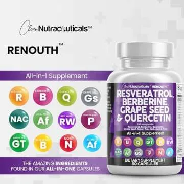 Clean Nutraceuticals Resveratrol Berberine Grape Seed Extract Quercetin Green Tea Extract Polyphenol Supplement for Women & Men w/N-Acetyl Cysteine, Acai Extract - 1Pack