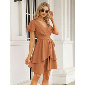 KOJOOIN Womens Skater Dresses Sexy V Neck Short Sleeve Tie Waist Solid Ruffle Boho Flowy Swing Mini Dress Brown