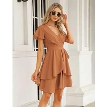 KOJOOIN Womens Skater Dresses Sexy V Neck Short Sleeve Tie Waist Solid Ruffle Boho Flowy Swing Mini Dress Brown
