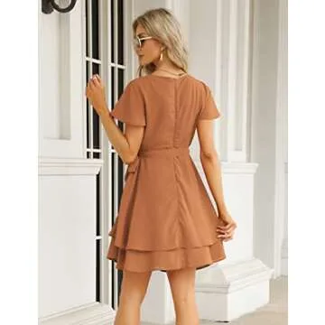 KOJOOIN Womens Skater Dresses Sexy V Neck Short Sleeve Tie Waist Solid Ruffle Boho Flowy Swing Mini Dress Brown