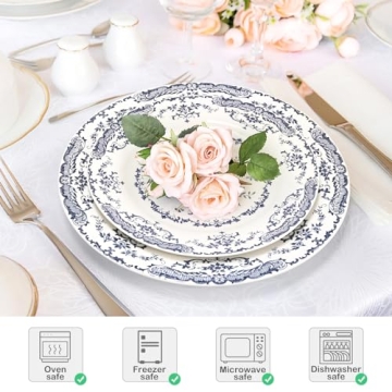 HomeElves Elegant Dinner Plates Set with Blue Rose Design
