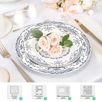 HomeElves Elegant Dinner Plates Set with Blue Rose Design