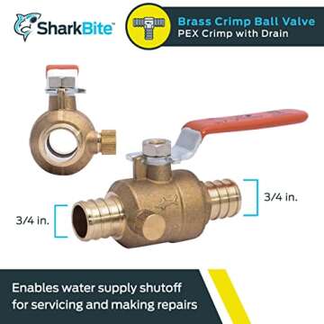 SharkBite 3/4 Inch Crimp Ball Valve with Drain, Brass Plumbing Fitting, PEX Pipe, PE-RT, 24613LFA