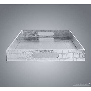 Home Redefined 18"x12" Silver Glossy Crocodile Faux Leather Serving Tray Beautiful Modern Elegant Decorative Tray with Handles Ottoman Coffee Table Tray for All Occasion's