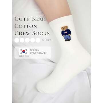 Women's Cool Animal Fun Crazy Socks 5Pairs Women's Cute Bear Casual Cotton Crew Socks (White), Size ...