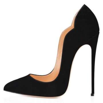 FSJ Women Classic Pointed Toe High Heels Sexy Stiletto Pumps Slip On Office Lady Casual Dress Party Shoes Size 11 Black-Suede