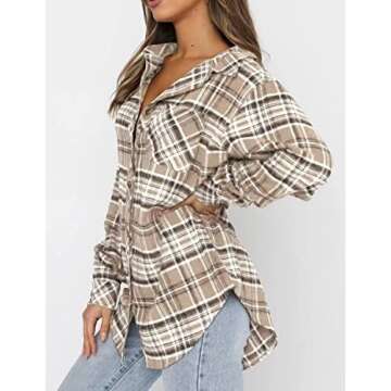 Lacozy Women's Long Sleeve Buffalo Plaid Shirts Casual Classic Button Down Blouse Loose Tunics Apricot Medium