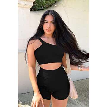 niyokki Workout Sets for Women 2 Piece Seamless Ribbed Crop Tank High Waist Shorts Yoga Outfits(S, Black)