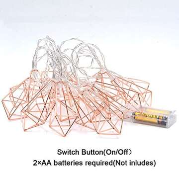 Twinkle Star 10 LED 6.6 ft Diamond String Lights Battery Operated, Geometric String Lights Warm White, Rose Gold Metal Lamps Decor for Indoor Wedding Party Bedroom Christmas