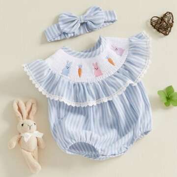 BemeyourBBs Newborn Baby Girl Easter Outfit Bunny Bubble Romper Embroidery Cute Smocked Baby Girl Cl...