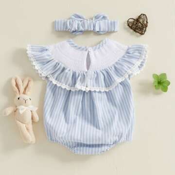 BemeyourBBs Newborn Baby Girl Easter Outfit Bunny Bubble Romper Embroidery Cute Smocked Baby Girl Clothes (Bunny Carrot Striped Blue, 12-18 Months)