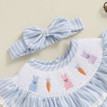 BemeyourBBs Newborn Baby Girl Easter Outfit Bunny Bubble Romper Embroidery Cute Smocked Baby Girl Clothes (Bunny Carrot Striped Blue, 12-18 Months)