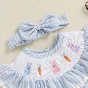 BemeyourBBs Newborn Baby Girl Easter Outfit Bunny Bubble Romper Embroidery Cute Smocked Baby Girl Clothes (Bunny Carrot Striped Blue, 12-18 Months)