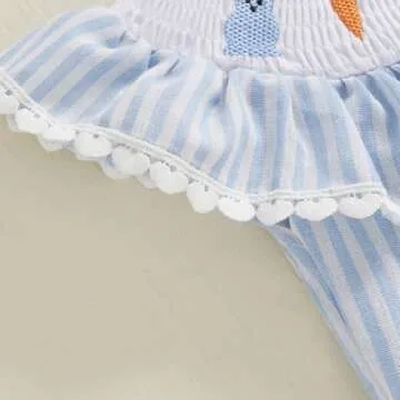 BemeyourBBs Newborn Baby Girl Easter Outfit Bunny Bubble Romper Embroidery Cute Smocked Baby Girl Clothes (Bunny Carrot Striped Blue, 12-18 Months)