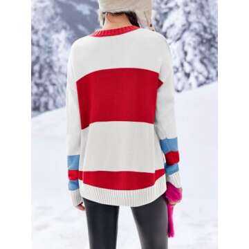 Saodimallsu Womens Color Block Oversized Sweater Ski Print Winter Trendy Crew Neck Long Sleeve Pullover Sweaters Knit Tops Red