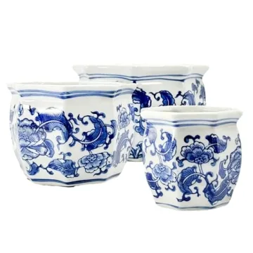 Galt International Blue & White Floral Ceramic Planter Set