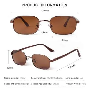 DQbhzh Polarized Small Rectangle Sunglasses for Women Men Fashion Trendy Vintage Retro Rectangular Classic Metal Narrow Square Burgundy Brown Frame Coffee Brown Lens UV400 Spring Hinge Sun Glasses