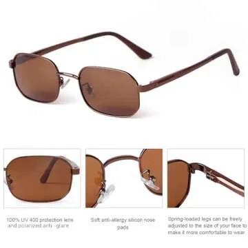 DQbhzh Polarized Small Rectangle Sunglasses for Women Men Fashion Trendy Vintage Retro Rectangular Classic Metal Narrow Square Burgundy Brown Frame Coffee Brown Lens UV400 Spring Hinge Sun Glasses