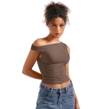 SUUKSESS Women Off Shoulder Tops Sleeveless Shirts Y2K Trendy Going Out Crop Tank Top (Brown,L)