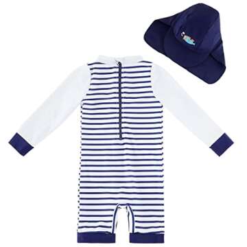 Baby Swimsuit Boy One Piece Rashguard with Hat UPF 50+ Sun Protection ，Blue Stripes,9-12 Months