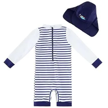 Baby Swimsuit Boy One Piece Rashguard with Hat UPF 50+ Sun Protection ，Blue Stripes,9-12 Months