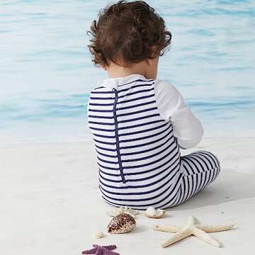 Baby Swimsuit Boy One Piece Rashguard with Hat UPF 50+ Sun Protection ，Blue Stripes,9-12 Months