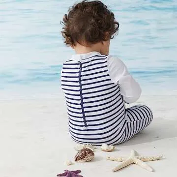 Baby Swimsuit Boy One Piece Rashguard with Hat UPF 50+ Sun Protection ，Blue Stripes,9-12 Months