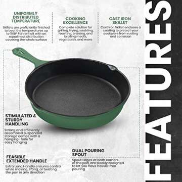 Utopia Kitchen Saute Fry Pan - Pre-Seasoned Cast Iron Skillets Set 3-Piece Frying Pan comprised of 6", 8", and 10" Cast Iron Pan - Easy Use in the Oven, Stove, Grill, or Campfire - Green