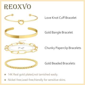 Reoxvo Gold Stack Bracelets for Women Non Tarnish 14K Gold Plated Bangle Cuff Bracelet Charm Jewelry Set for Women Trendy