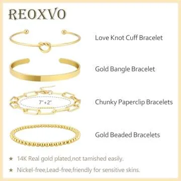 Reoxvo Gold Stack Bracelets for Women Non Tarnish 14K Gold Plated Bangle Cuff Bracelet Charm Jewelry Set for Women Trendy